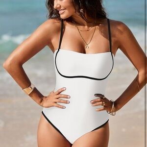 WhiteQueen Women's One Piece Swimsuit Spaghetti Straps Square Neck Color Block L